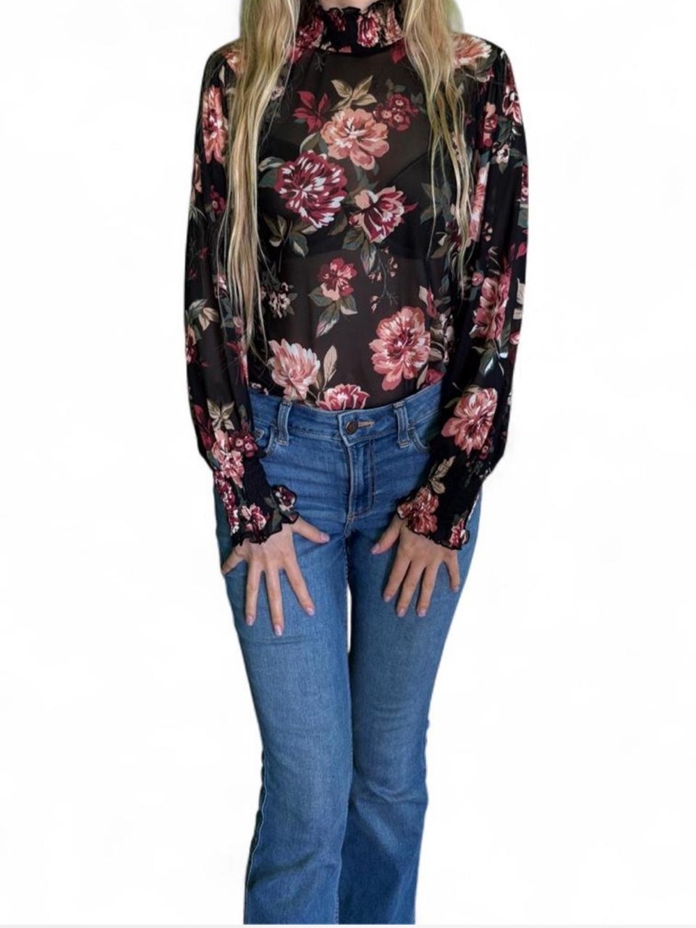 Sheer floral Cottagecore blouse with ruffled cinched sleeve hems and ruffled